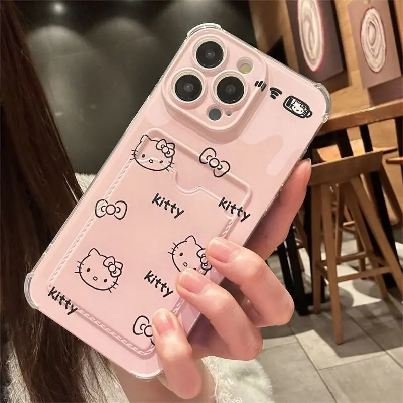 Cute Kitty Cartoon Cat Phone Case For IPhone 17 16 15 14 13 12 11 Pro Max 14 15 16 Plus 12 13 Mini 16E Photo Card Holder Wallet Clear Cover
