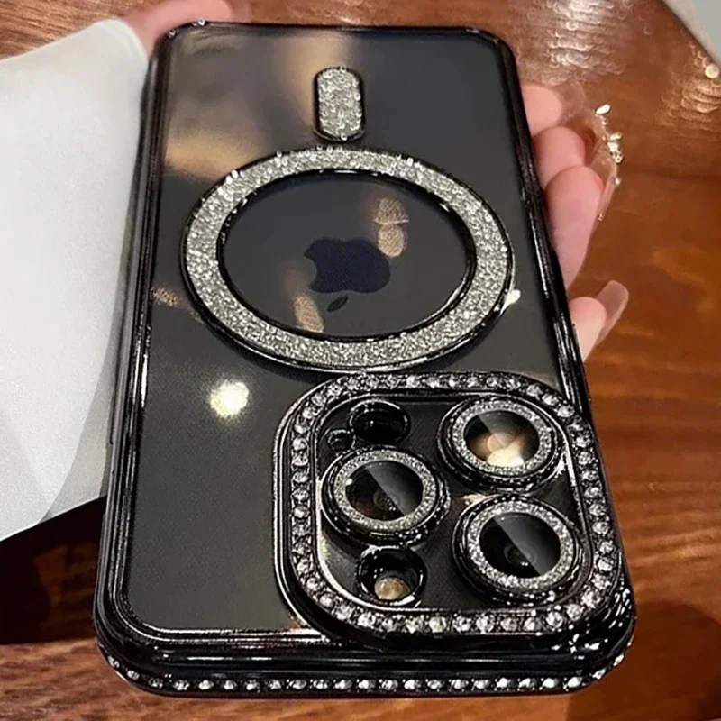 S44bbf69b325c4bb3a32d922b49c7e813I.webp New Fashion Glitter Diamond Transparent Case For iPhone 16 15 14 13 11 12 17 Pro Max Plus Magnetic Wireless Charge Bumper Cover