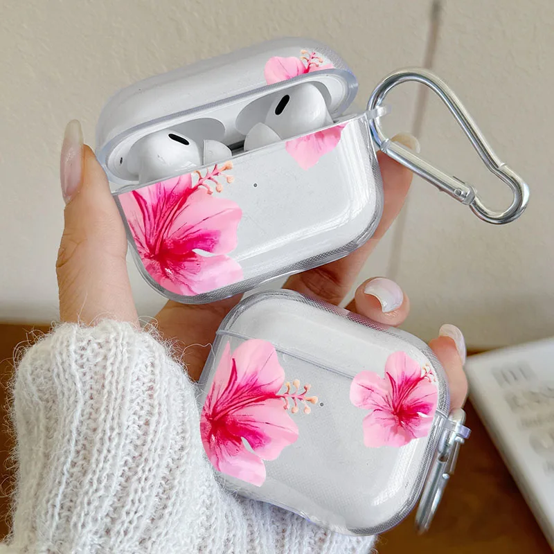 Pink Hibiscus Flower Clear Case for AirPods 4/3/2/1 Earphone Case with Carabiner,Airpod Pro2/Pro3/Pro Shockproof Headphone Case