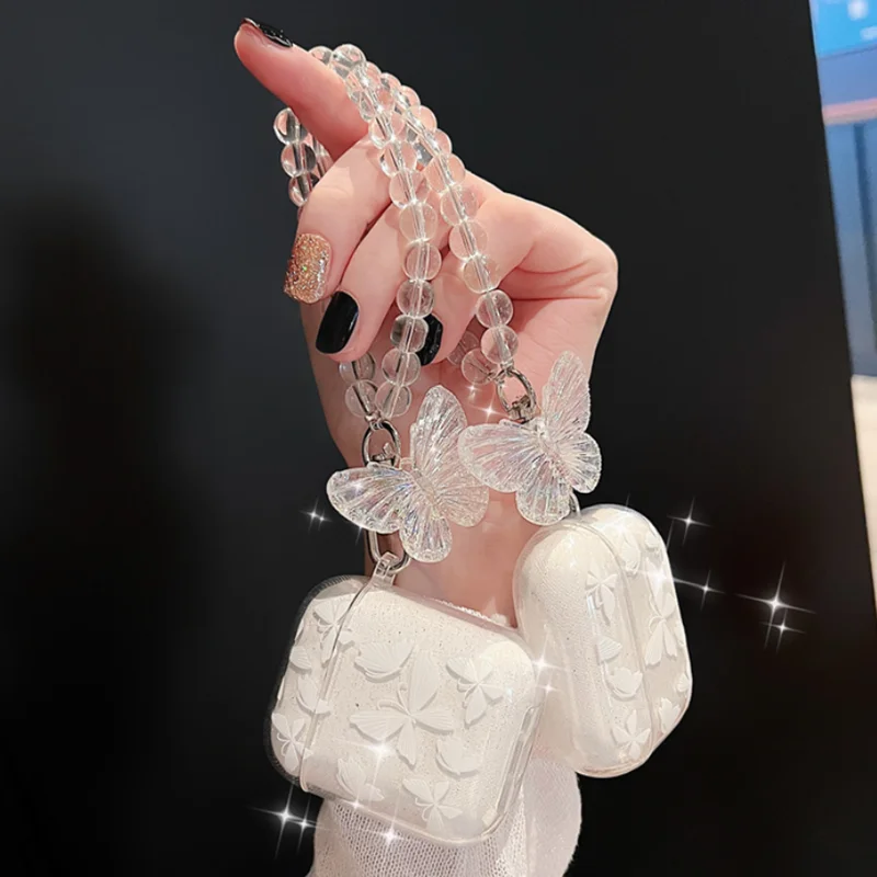 S45a48209b34a4779b427a86645499bbby.webp Crystal Butterfly Pendant Bead Bracelet Earphone Case For Apple Airpods 4 3 2 For Airpods Pro/ Pro2 Earphone Case With Keychain