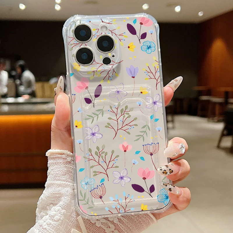 S463ac6851dfb43d693934ecde357d8d8V.webp Clear Flowers Patterned Card Holder Phone Case For iPhone 17 Air 16 15 14 13 Pro Max 15 16 17 Pro 16e 12 11 Soft Card Bag Cover