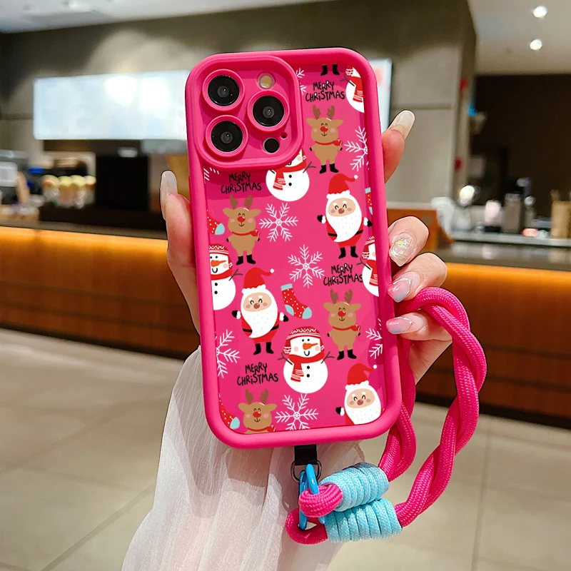 Christmas Pattern Lanyard Rope Phone Case For iPhone 16 15 14 13 12 11 Pro Max X XS XR 7 8 Plus Shockproof Soft Silicone Cover