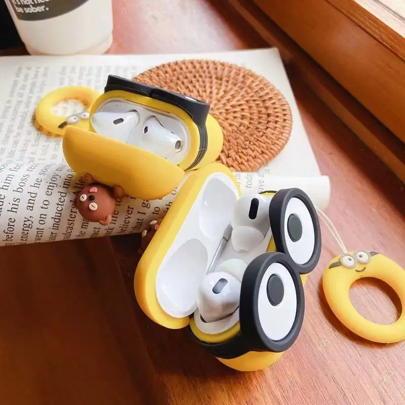 3D Cartoon Big Eyes with Bear Toy for AirPod Pro 2 Case, Yellow Protective Earphone Silicone Cover for AirPod 1/2/3 Kids Boys Girls