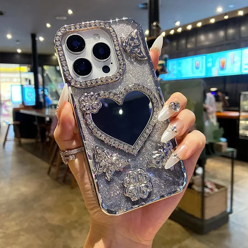 Gradient Glitter Butterfly Case for iPhone 17 16 15 14 13 12 11 Pro Max Love Heart Make-up Mirror Diamond Lens Shockproof Cover