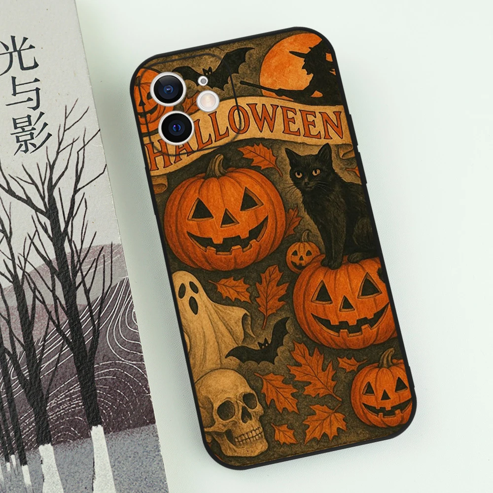 Funny Halloween Black Cat Phone Case For iPhone 17 16 15 14 13 12 11 Pro Max Mini X XS 8 7 Plus 17 Air 16E Shockproof Soft Cover
