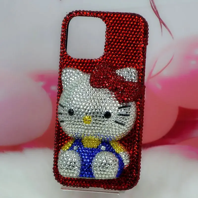 Cute Kitty Cat Rhinestone Bling Crystal Phone Case Chain For iPhone 16 12 13 14 15Pro Max X Xs XR 7 8 Plus SE 2 3 10 Transparent Bu