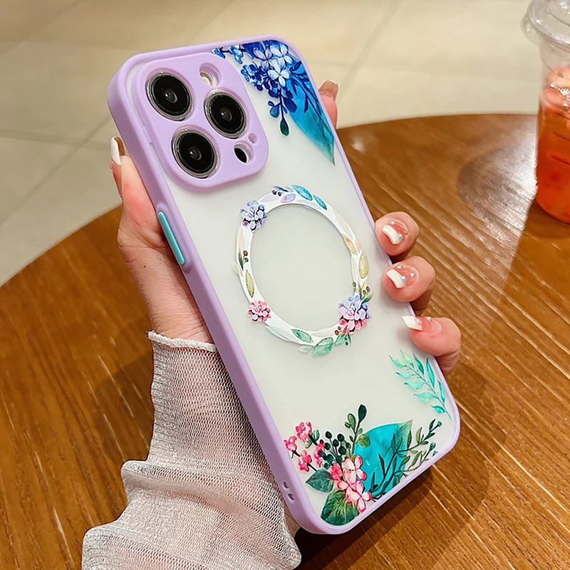 S4afb7cf4ea424a22ad2c75b26d6d08b19.webp Flower Pattern Case For iPhone 17 16 13 15 Pro Max 14 12 Pro 11 Air Shockproof For Magsafe Charging Iron Ring Matte Phone Cover