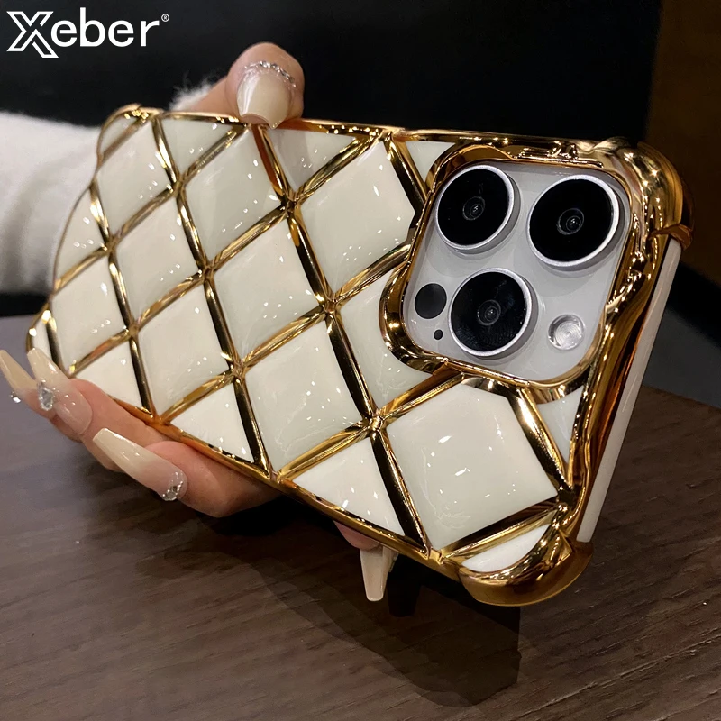 S4b68c4931857461fbf8f2cd52db56635D.webp Luxury Plating Diamond Lattice Grid Shockproof Phone Case for iPhone 17 16 14 11 12 13 15 Pro Max Silicone Plated Gold Cover