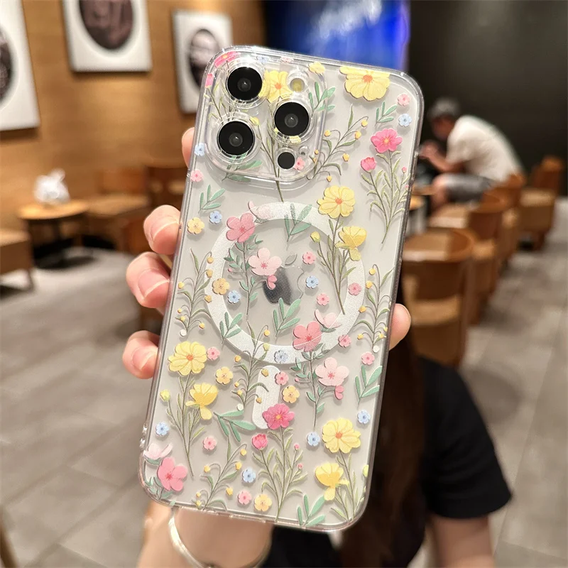 S4bd1e2e78fed4f14992c31d703eef61bS.webp Transparent Magsafe Magnetic Print Flower Pattern Case iPhone 17 Air 16 11 13 12 14 Pro Max 15 Plus Funda Wireless Charge Clear