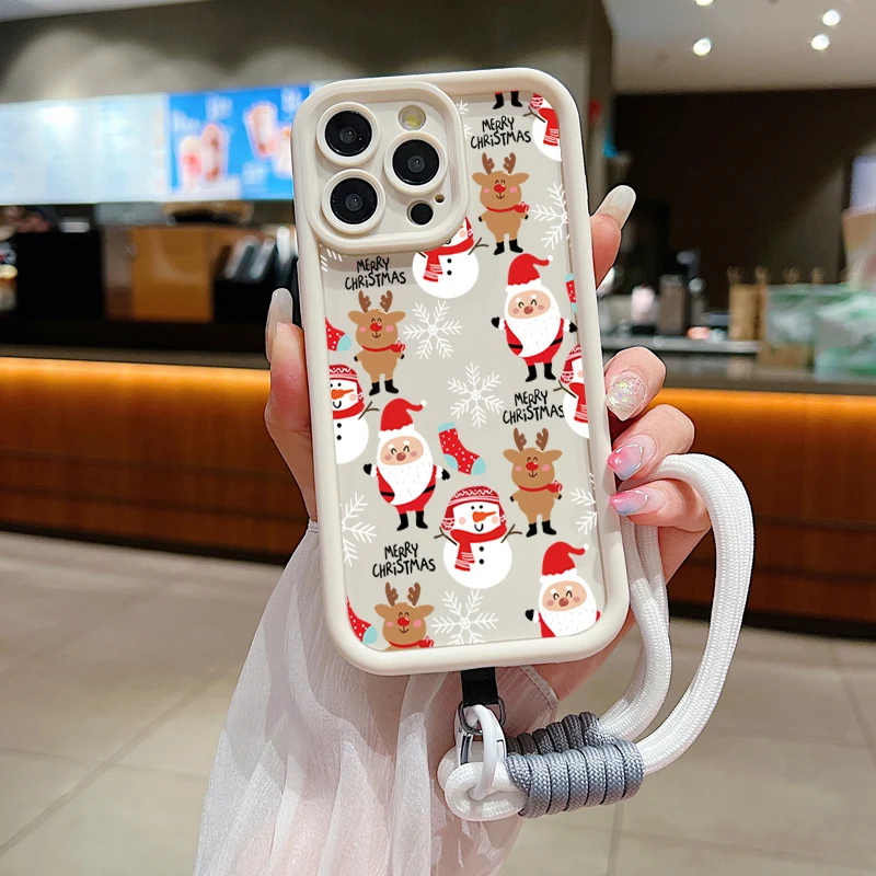 Christmas Pattern Lanyard Rope Phone Case For iPhone 16 15 14 13 12 11 Pro Max X XS XR 7 8 Plus Shockproof Soft Silicone Cover