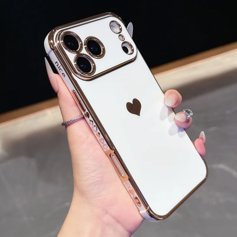 Luxury Plating Love Heart Soft Phone Case For iPhone 17 Air 16 15 14 13 12 11 Pro Max Mini Plus Edge Pattern Silicone Back Cover