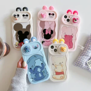 3D Ears Toy Minni Stitch Winni Cartoon Sliding Camera Case for iPhone 16 Pro Max 14 Plus 15 X XS XR 7 11 12 13 Wave Phone Capa