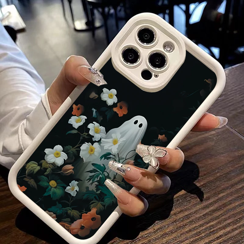 Halloween White Ghost Among Flowers Pattern Silicone Phone Case For iPhone 17 Pro Max XS XR X 16 11 13 12 14 15 8 Plus 16E Cover