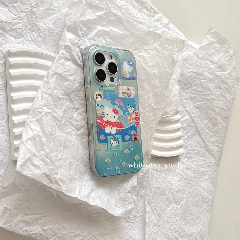 Y2k Girl Summer Blue Oceans Kitty Cats for IPhone 16 Promax Phone Case All Inclusive 14 13 Pro 15 Plus Protective Cases