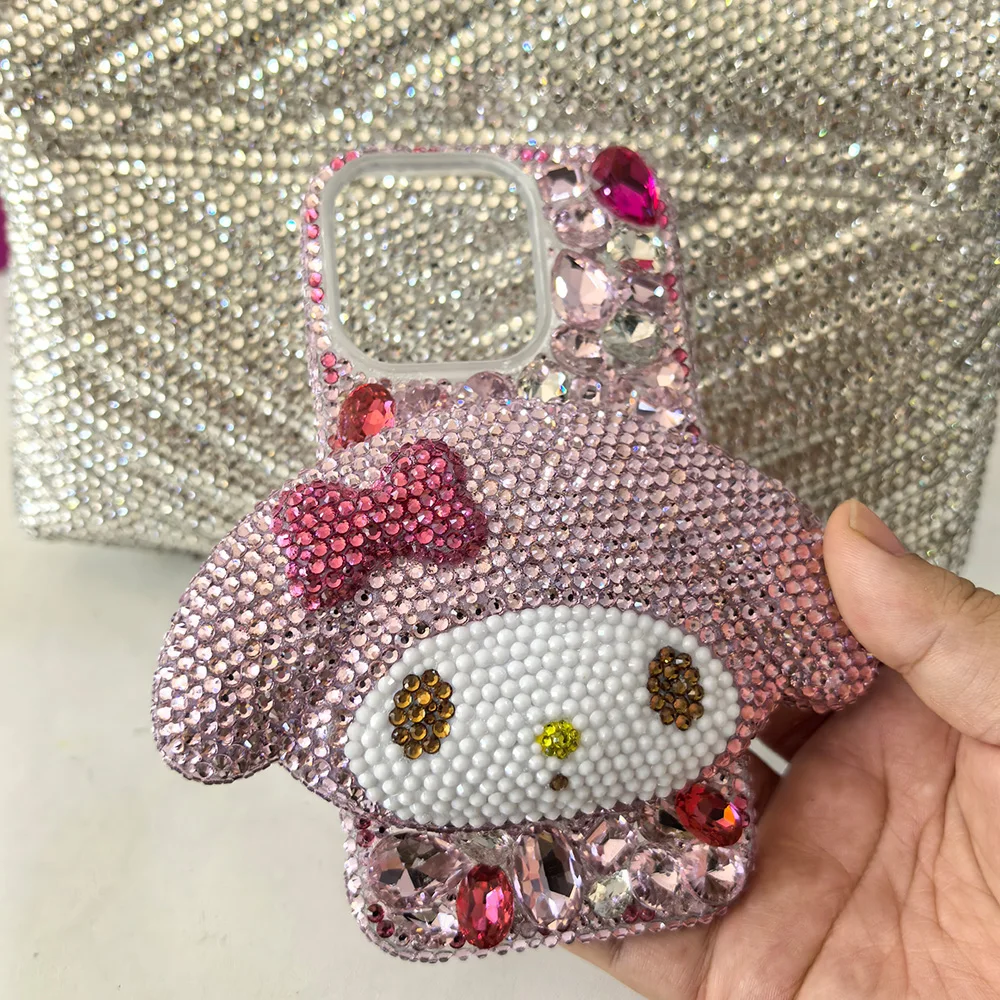 Cute Kitty Cat Rhinestone Bling Crystal Phone Case Chain For iPhone 16 12 13 14 15Pro Max X Xs XR 7 8 Plus SE 2 3 10 Transparent Bu