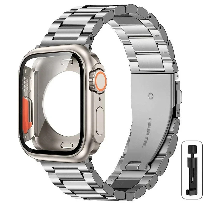 S50264eaaae2c4d1984cf203792af9142v-2.webp Stainless Steel Strap+Ultra Case for Apple Watch Band 44mm 45mm 41mm 40mm 42mm Case Metal Strap for iWatch Series 9 8 7 6 SE 5 4