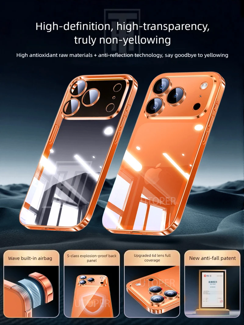 S50d9387adcdf445885a1d988f2c9c4d76.webp New Orange Ultrathin 17 Phone Case for iPhone 17 Air 16 15 14 13 12 11 Pro Max Plus Clear Plating Soft TPU Lens Protect Cover