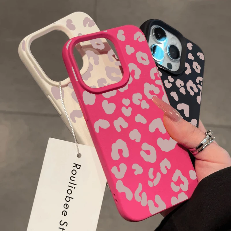 For iPhone 17 16 15 14 13 12 11 Pro Max Case Pink Leopard Print Lichee Pattern Silicone Cover For iPhone XS X XR 16 Plus Fundas