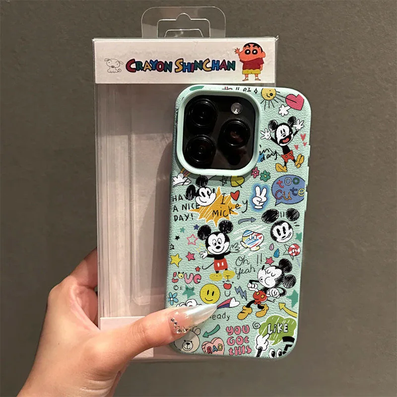 Cartoon Graffiti Mic Mouse Fashion TPU Imitation Leather Phone Case For iPhone 16 Plus 15 14 13 12 11 Pro Max X XR Shock-absorbing