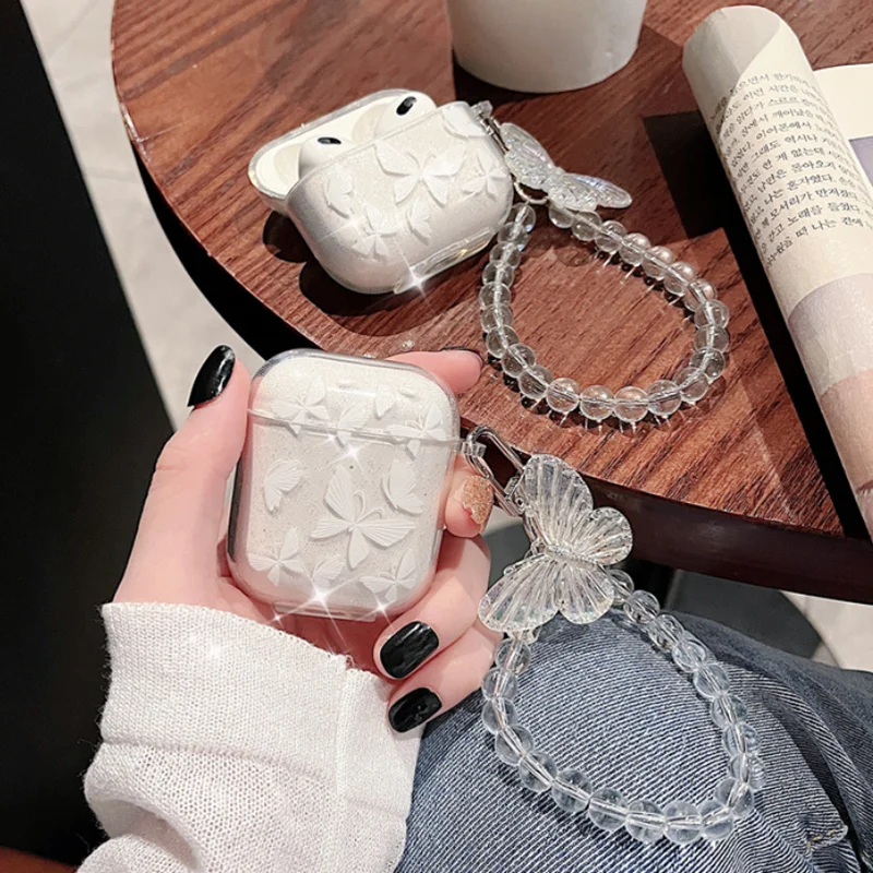 S52b63c88c72f45098adaea677b80cedaU.webp Crystal Butterfly Pendant Bead Bracelet Earphone Case For Apple Airpods 4 3 2 For Airpods Pro/ Pro2 Earphone Case With Keychain