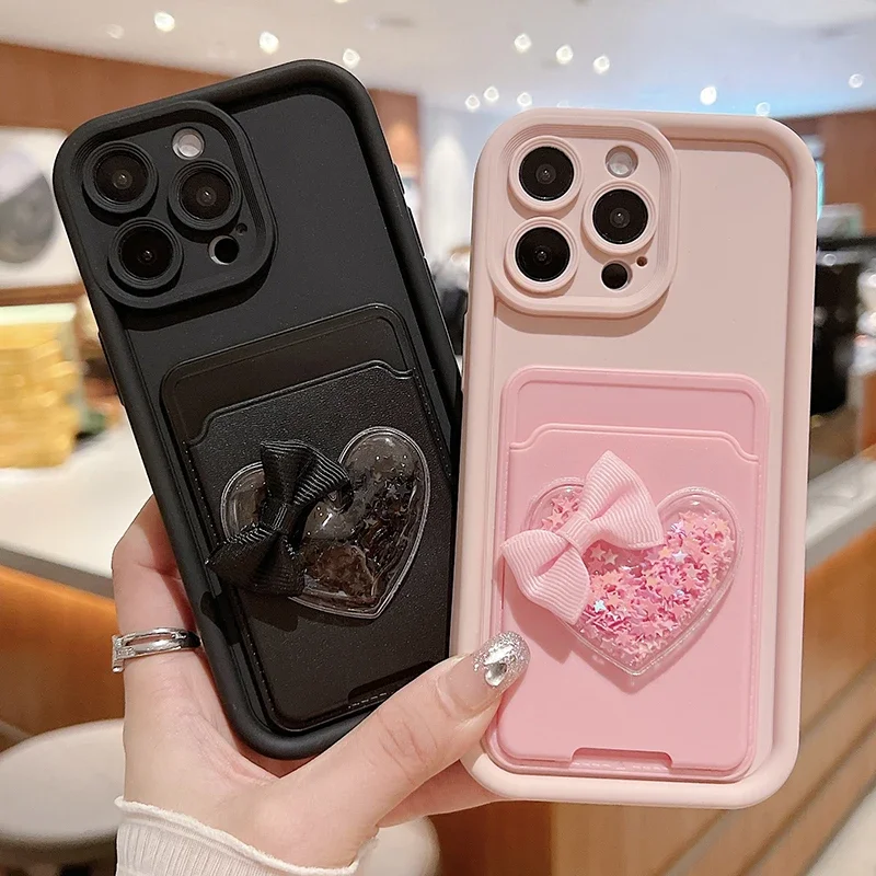 Lovely 3D Love Heart Card Bag Holder Phone Case For iPhone 17 Pro 16 15 14 13 12 11 Pro Max 7 8 Plus Shockproof Candy Soft Cover
