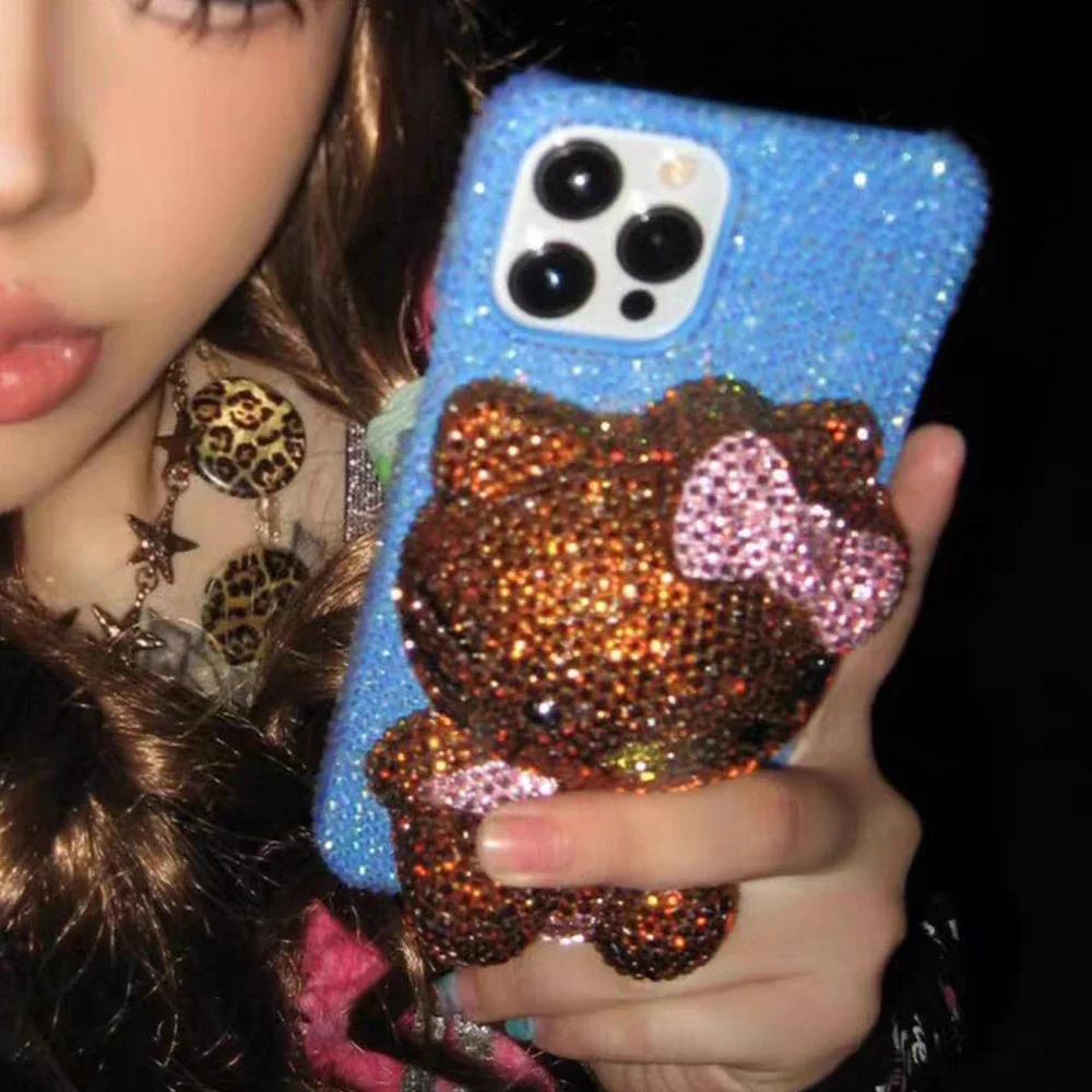 Hot Cute Kitty Cat Rhinestone Crystal Phone Case Chain For iPhone17 Air 16 12 13 14 15Pro Max X Xs XR 7 8 Plus SE Transparent Bu
