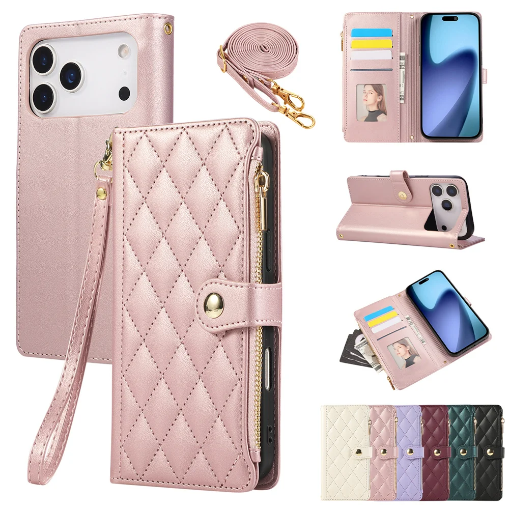 S53fce294c07943e98116c6a3c019d869b.webp PU Leather Card Holder Wallet Phone Case with Crossbody & Wrist Strap for iPhone 16E 17 Ari 16 15 14 13 12 11 Pro Max XS 8 Plus