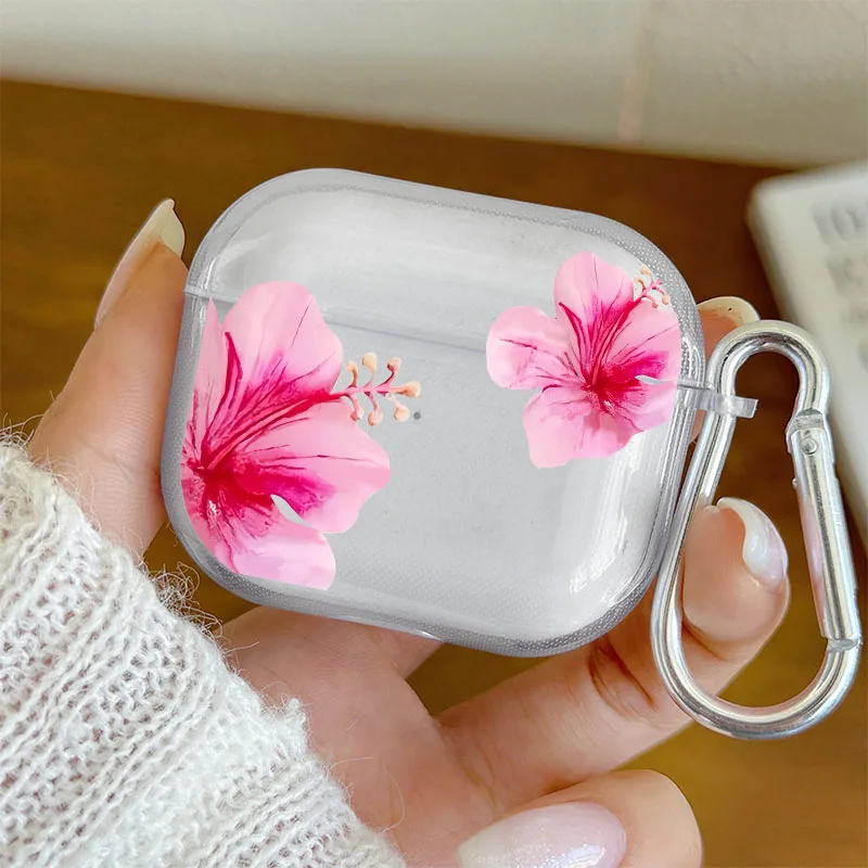 S54028034c3664ca98d805438dba9e115H.webp Pink Hibiscus Flower Clear Case for AirPods 4/3/2/1 Earphone Case with Carabiner,Airpod Pro2/Pro3/Pro Shockproof Headphone Case