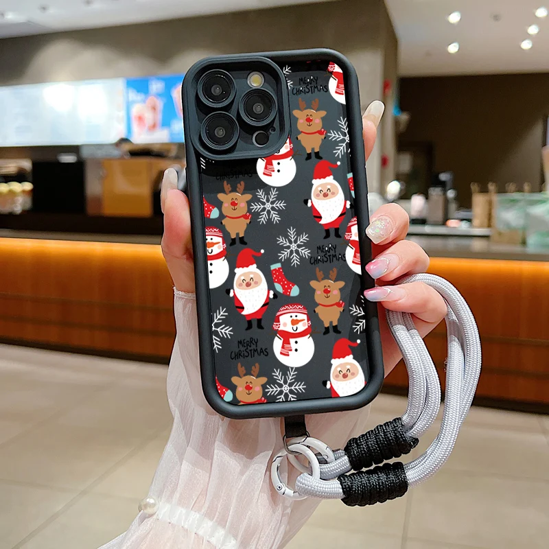 Christmas Pattern Lanyard Rope Phone Case For iPhone 16 15 14 13 12 11 Pro Max X XS XR 7 8 Plus Shockproof Soft Silicone Cover