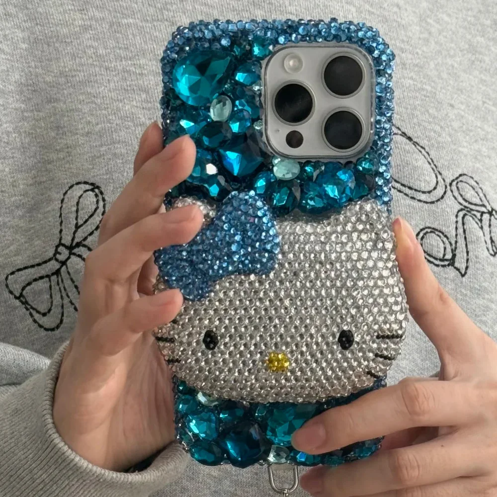 Cute Kitty Cat Rhinestone Bling Crystal Phone Case Chain For iPhone 16 12 13 14 15Pro Max X Xs XR 7 8 Plus SE 2 3 10 Transparent Bu
