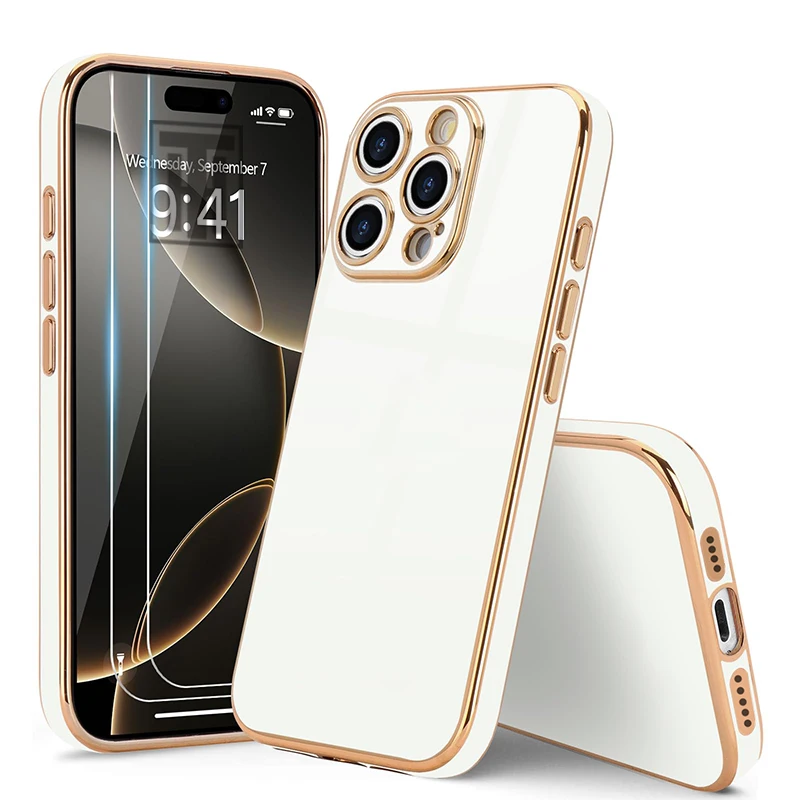 Golden Border Plating Solid Color Silicone Soft Case for iPhone 16 15 14 11 12 13 Pro Max 16 Plus Gloss Fashion Protect Cover