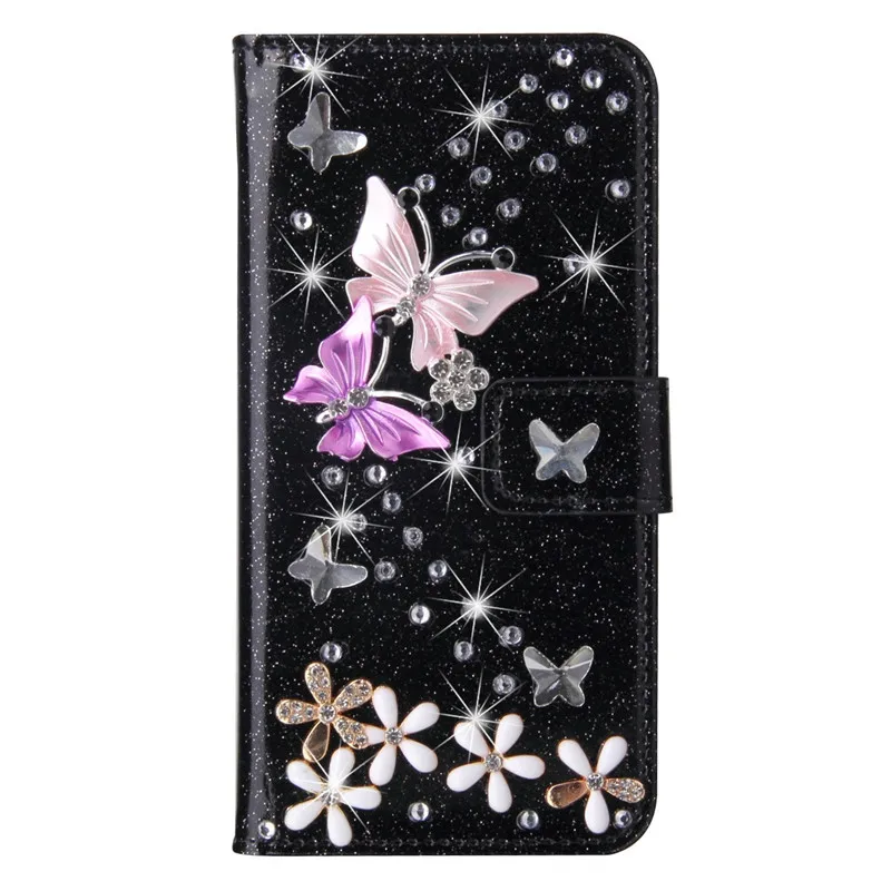 Bling Diamond Wallet Flip Case For iPhone 17 16 15 14 13 12 11 Pro Max Plus XR XS Glitter Butterfly Flower Magnetic Book Cover