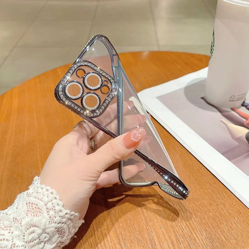 Comes With Lens Film Plating Flash Diamond Silicone Phone Case For IPhone 17 16 15 14 13 12 11 Pro Max Rhinestone Cover