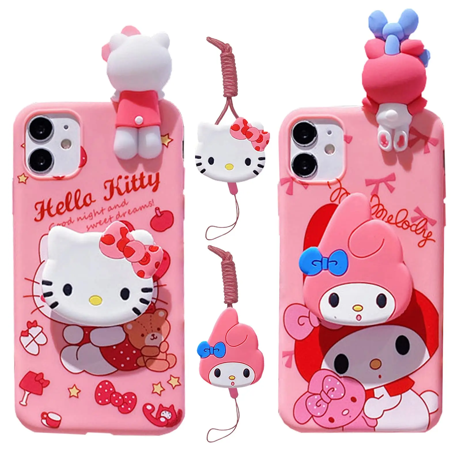 Cute Cartoon Cat Case With Rope For iPhone 16 15 14 13 12 11 Pro Max mini Plus