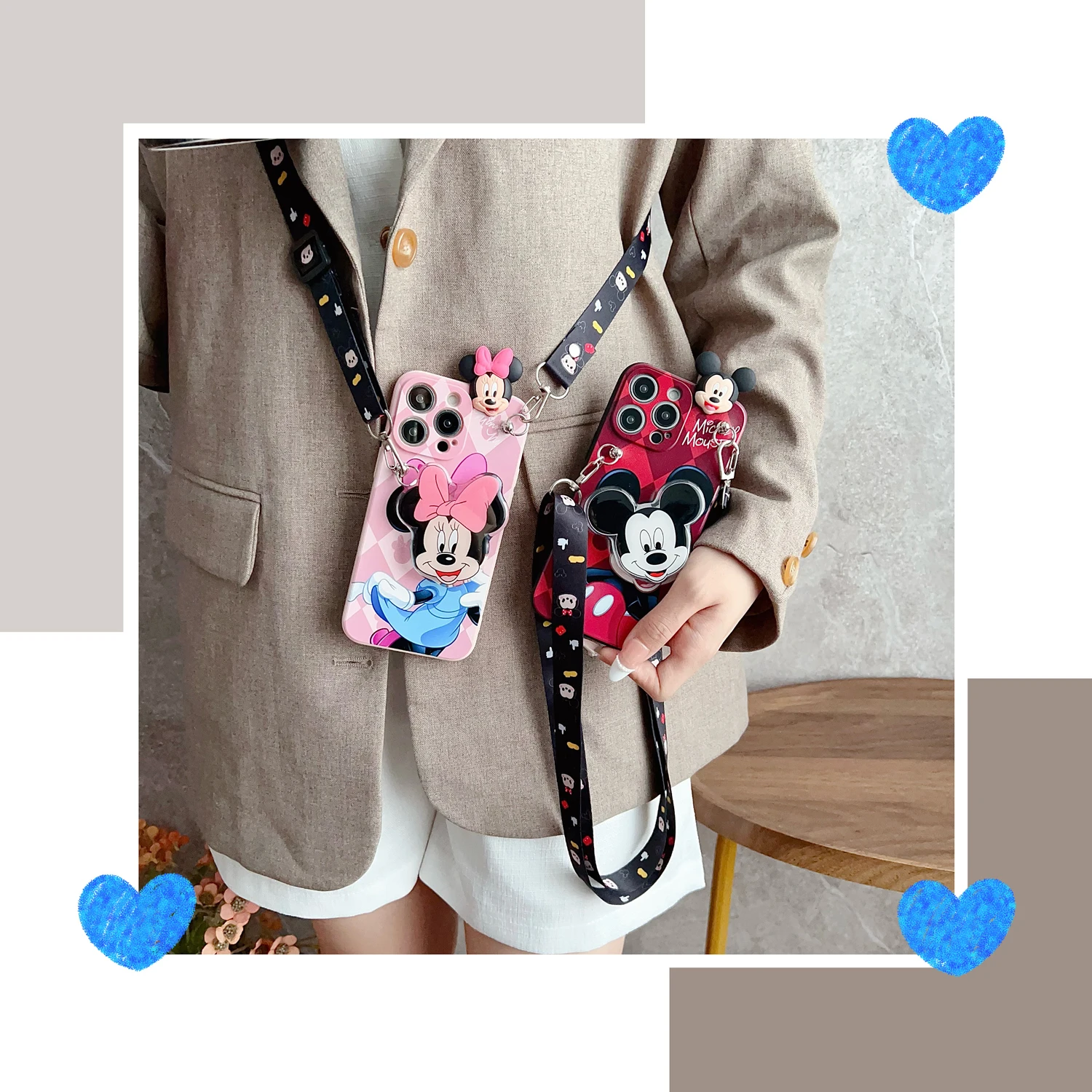 Cartoon Playful Mini Case With Holder Rope For iPhone 16 15 14 13 12 11 XR Xs 8 7 6 Pro Max Plus