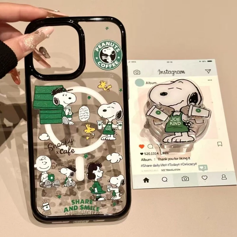 Korea Cute Cartoon Snoopy Magnetic Grip Tok Holder Magsafe Wireless Charge Phone Case For iPhone 17 16 15 14 13 Pro Max Cover