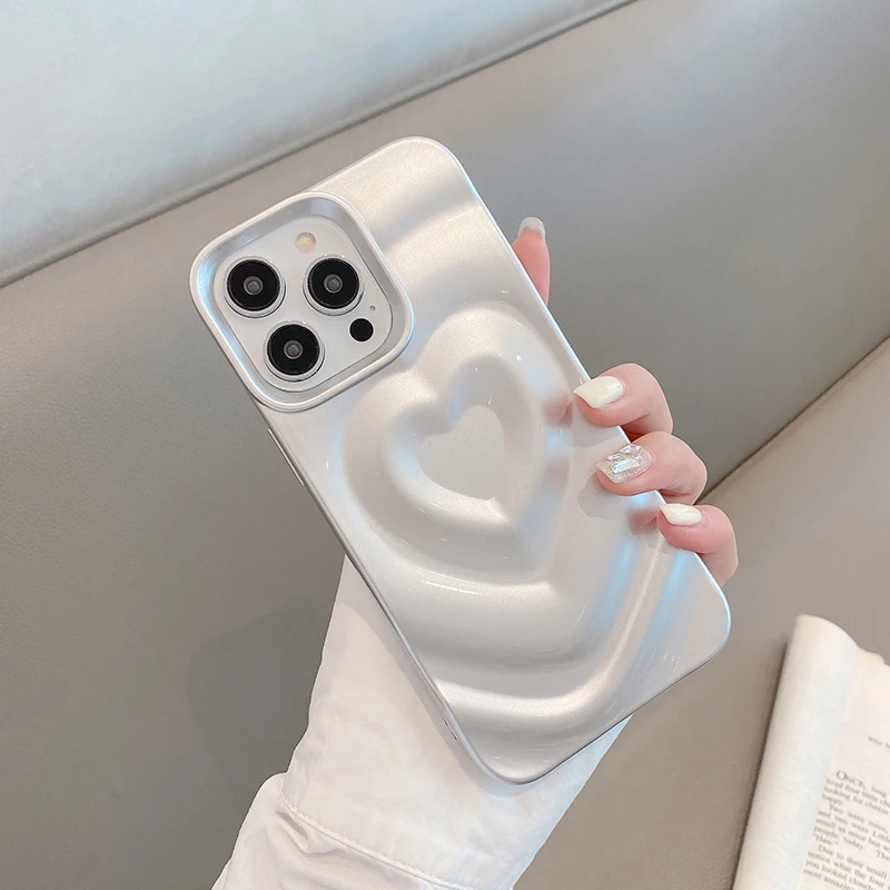 Glossy Bling Love Heart Pattern Phone Case For iPhone 17 16 16E 15 14 13 12 Pro Max 11 Fashion Shockproof Bumper Back Cover