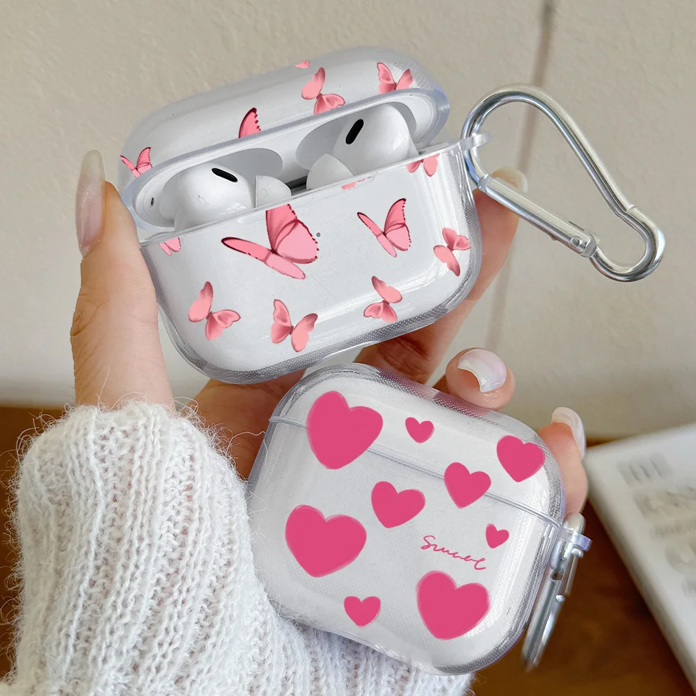 Pink Heart Butterfly Design Case For AirPods 4 3 1 2 Gen TPU Earphone Protecitve Case For AirPods Pro 2/Pro Cover with Keychain