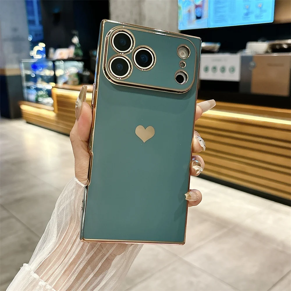 Fashion Plating Glossy Silicone Heart-Shaped Case For IPhone 17 Pro Max Air 16 15 14 13 12 11 Plus Shockproof Bumper Back Cover