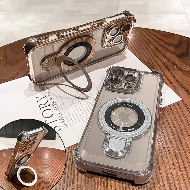 Luxury Shockproof Plating Soft TPU Bracket Case for iPhone 17 Air 16 15 14 13 11 12 Pro Max Plus Magsafe Magnetic Protect Cover