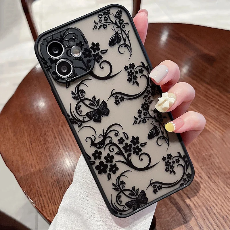 S5b222900852f41fb9a33214db4e22b22r.webp Contrast Frame Flower & Butterfly Print Phone Case For iPhone 17 Air 16 15 14 13 12 11 Pro Max 7 8 Plus SE2 Shockproof Cover