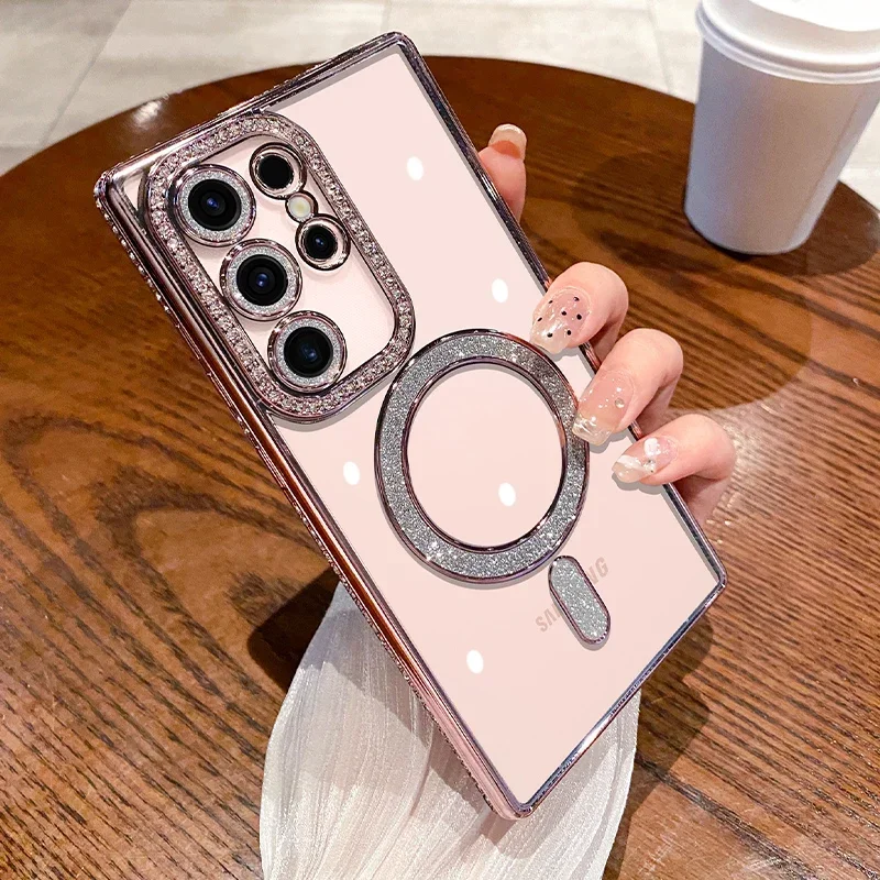 S5b3f85c5aa79490483bcbe81fad1676cI.webp Luxury Sparkly Crystal Clear Case For Samsung Galaxy S24 Plus S23 S22 Ultra Magsafe Magnetic Wireless Charge Lens Film Cover