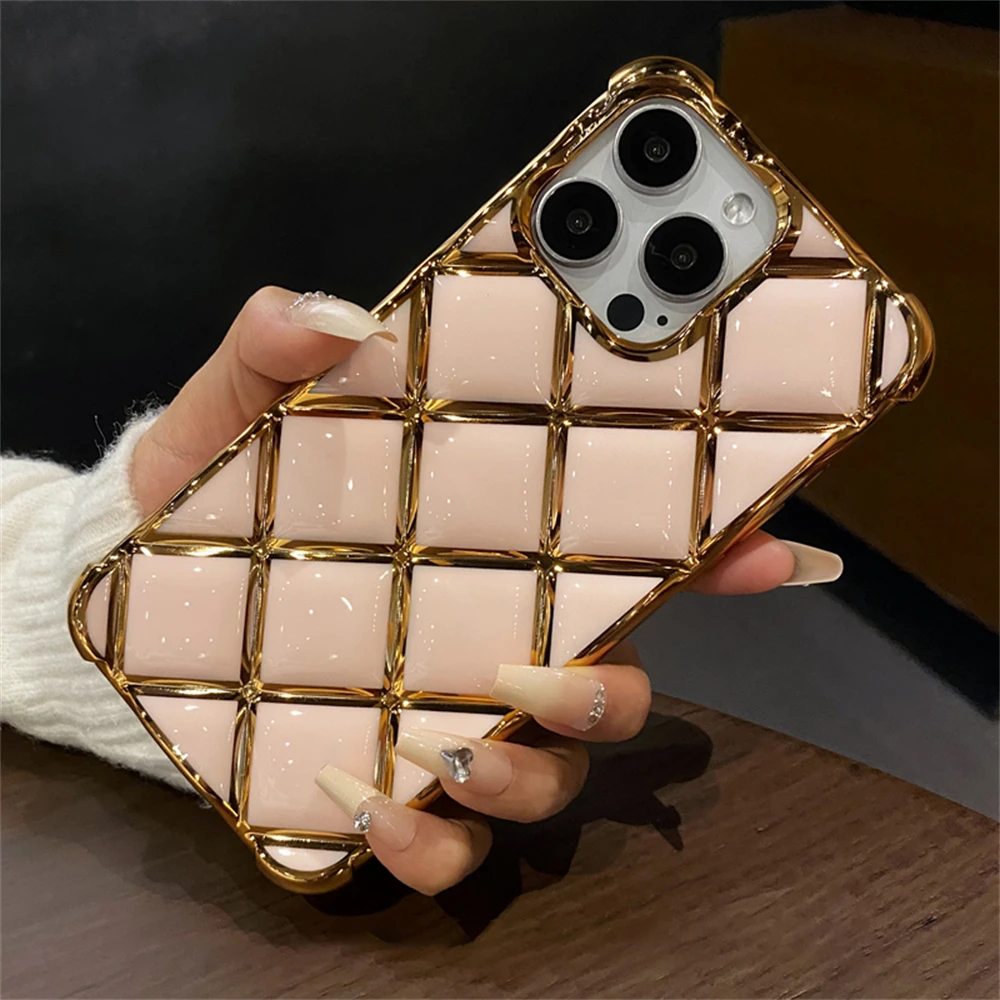 Luxury Plating Diamond Lattice Grid Shockproof Phone Case for iPhone 17 16 14 11 12 13 15 Pro Max Silicone Plated Gold Cover