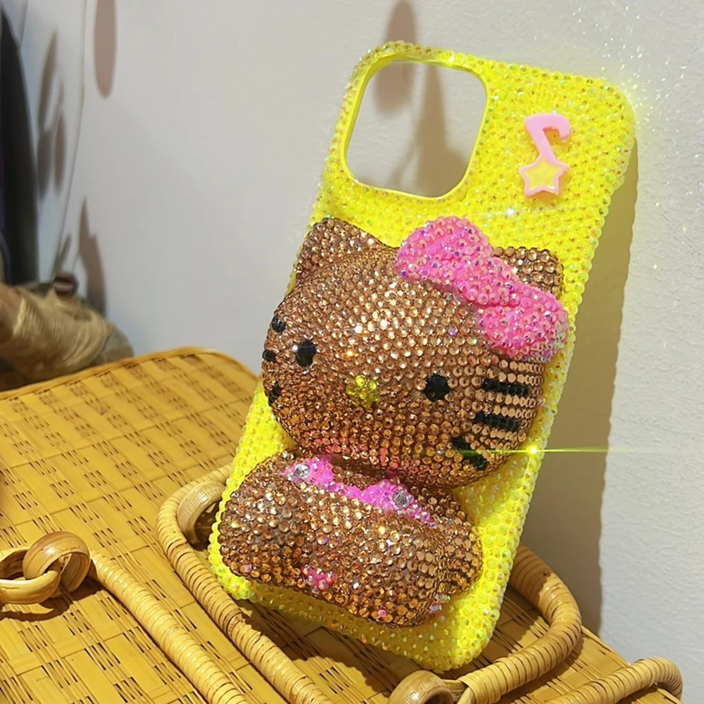 Hot Cute Kitty Cat Rhinestone Crystal Phone Case Chain For iPhone17 Air 16 12 13 14 15Pro Max X Xs XR 7 8 Plus SE Transparent Bu
