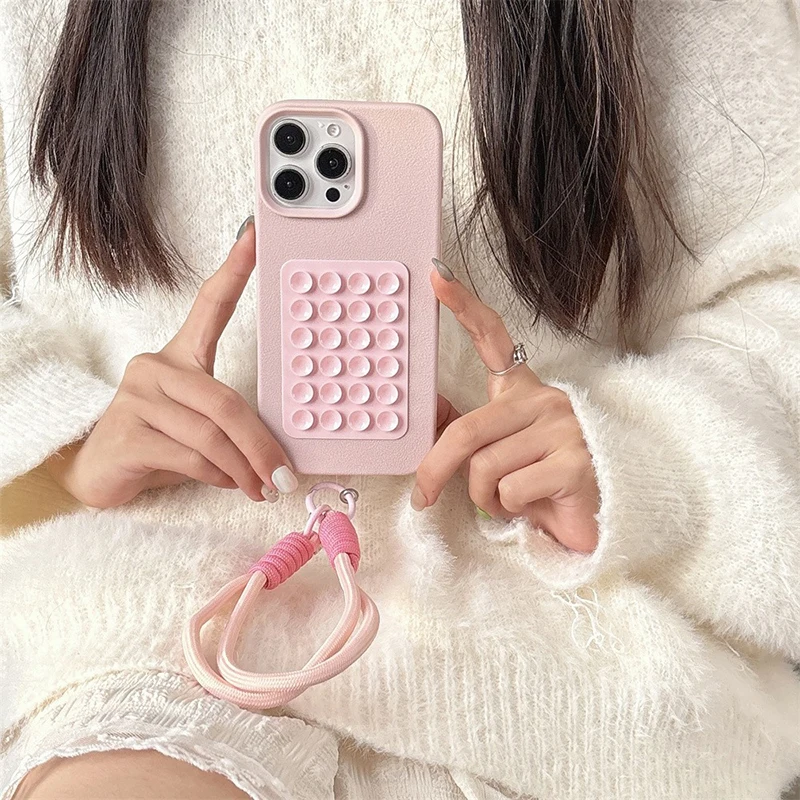 S5e1abf88976a4adfbd9924d2d6a1babfJ.webp Suction Cup Stand Litchi Pattern Phone Case For iPhone 17 16 15 14 13 12 11 Pro Max X XS XR With Lanyard Rope Soft Bumper Cover
