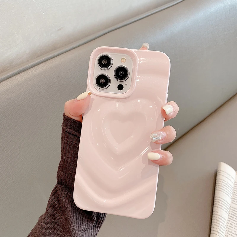 Glossy Bling Love Heart Pattern Phone Case For iPhone 17 16 16E 15 14 13 12 Pro Max 11 Fashion Shockproof Bumper Back Cover