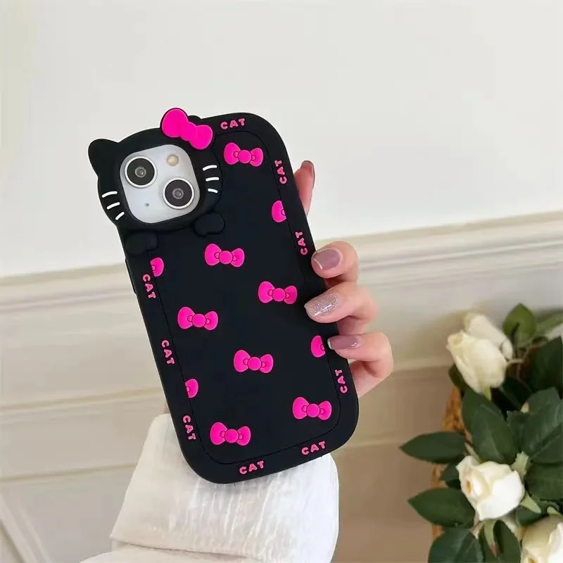S5e60817d73964721adb36fc94f616068X.webp Lovely Cute Kitty Cartoon Cat 3D Bow KT Head Phone Case For iPhone 16 15 14 13 12 11 Pro Max Cartoon Y2K Pink Kawaii Silicone Cover