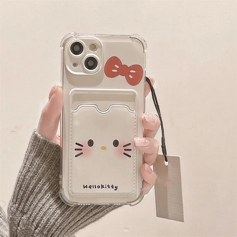 Cute Kitty Cartoon Cat Phone Case For IPhone 17 16 15 14 13 12 11 Pro Max 14 15 16 Plus 12 13 Mini 16E Photo Card Holder Wallet Clear Cover