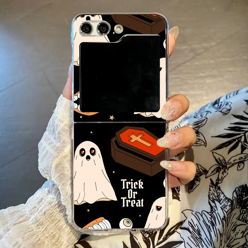 S5f7806c7b6e44a0fabd03c066b3e844eD.webp Halloween Pumpkin Ghost Bat Pattern Phone Case For Samsung Galaxy Z Flip 6 7 4 3 INS Clear Hard PC Folding Cover for Zflip 5 Bag