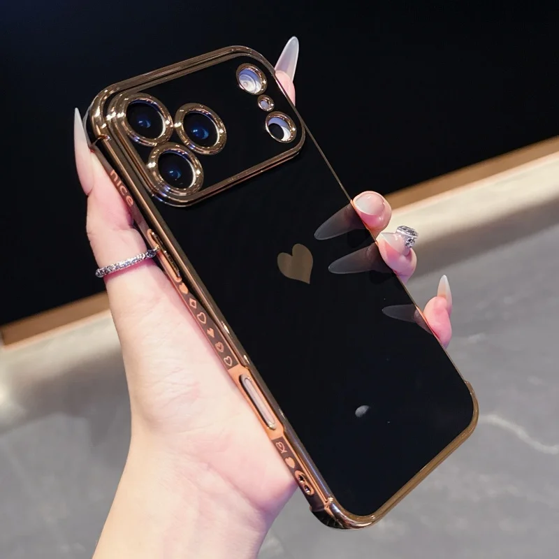 Luxury Plating Love Heart Soft Phone Case For iPhone 17 Air 16 15 14 13 12 11 Pro Max Mini Plus Edge Pattern Silicone Back Cover